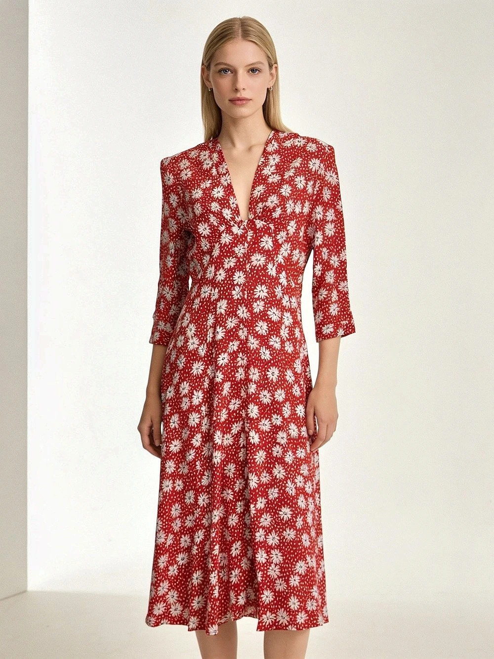 Zara Red Floral Daisy Print Midi Dress Red & White Medium
